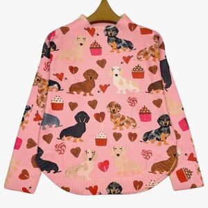 Pink Dachshund Print Women’s Sweater Small Hearts & Cupcakes Soft Warm